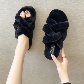Kadın terlik 2022 kış yeni Kore versiyonu çapraz büyük boy düz kapalı ev pamuk terlikler kadın ayakkabısı
